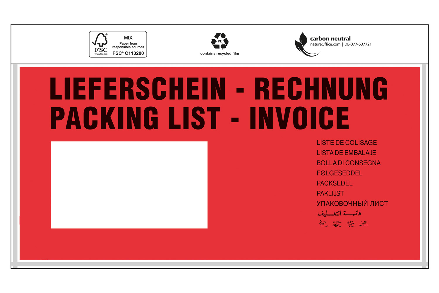 Dokumententaschen, 240 x 110 mm, DIN-lang, mit Druck "Liefersch./Rechg." / Inhalt à VE = 1000