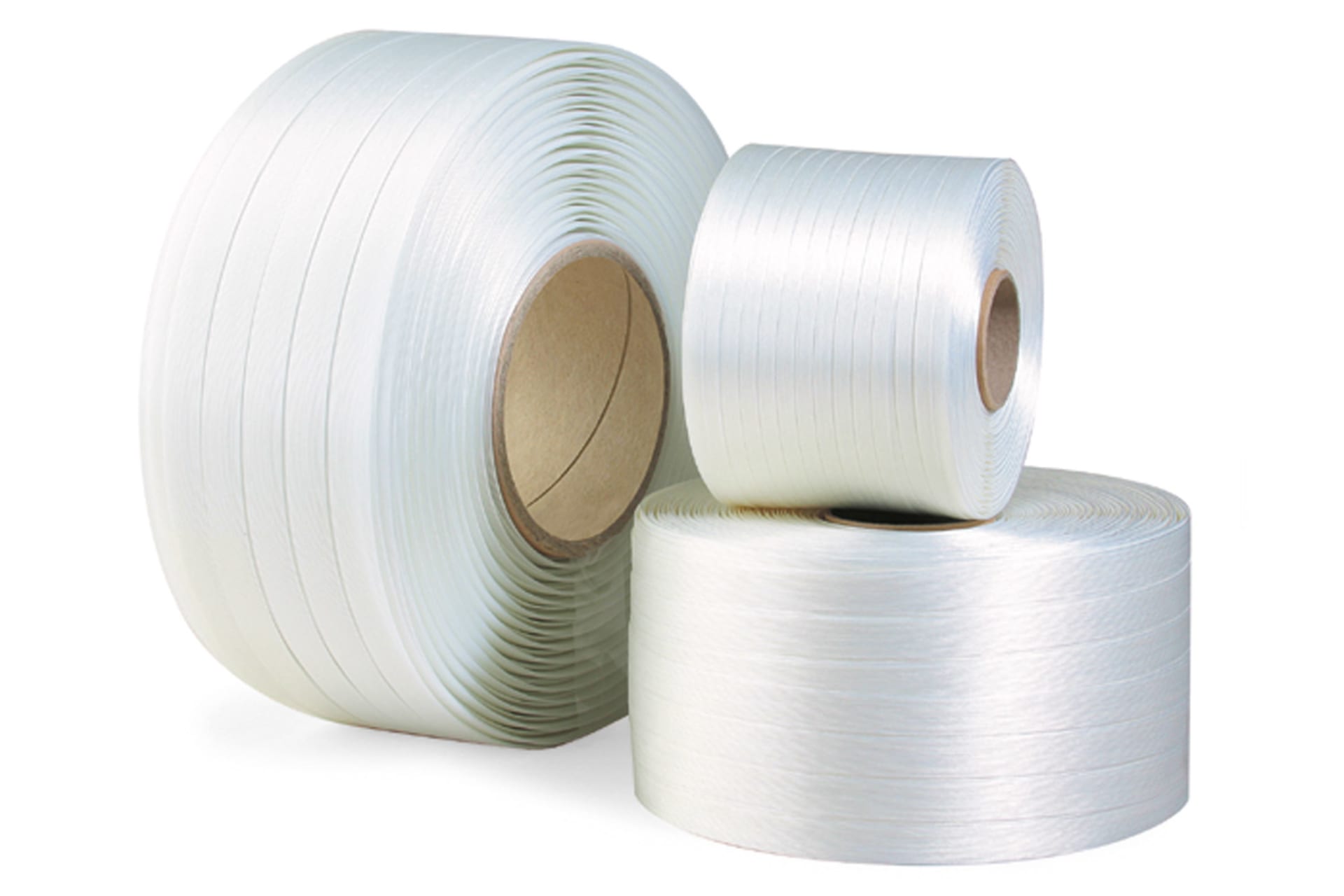 Polyesterband, fadenverstärkt, 16mm breitx850lfm, weiß, Reißfestigkeit 450kp, Kerndurchm. 76mm