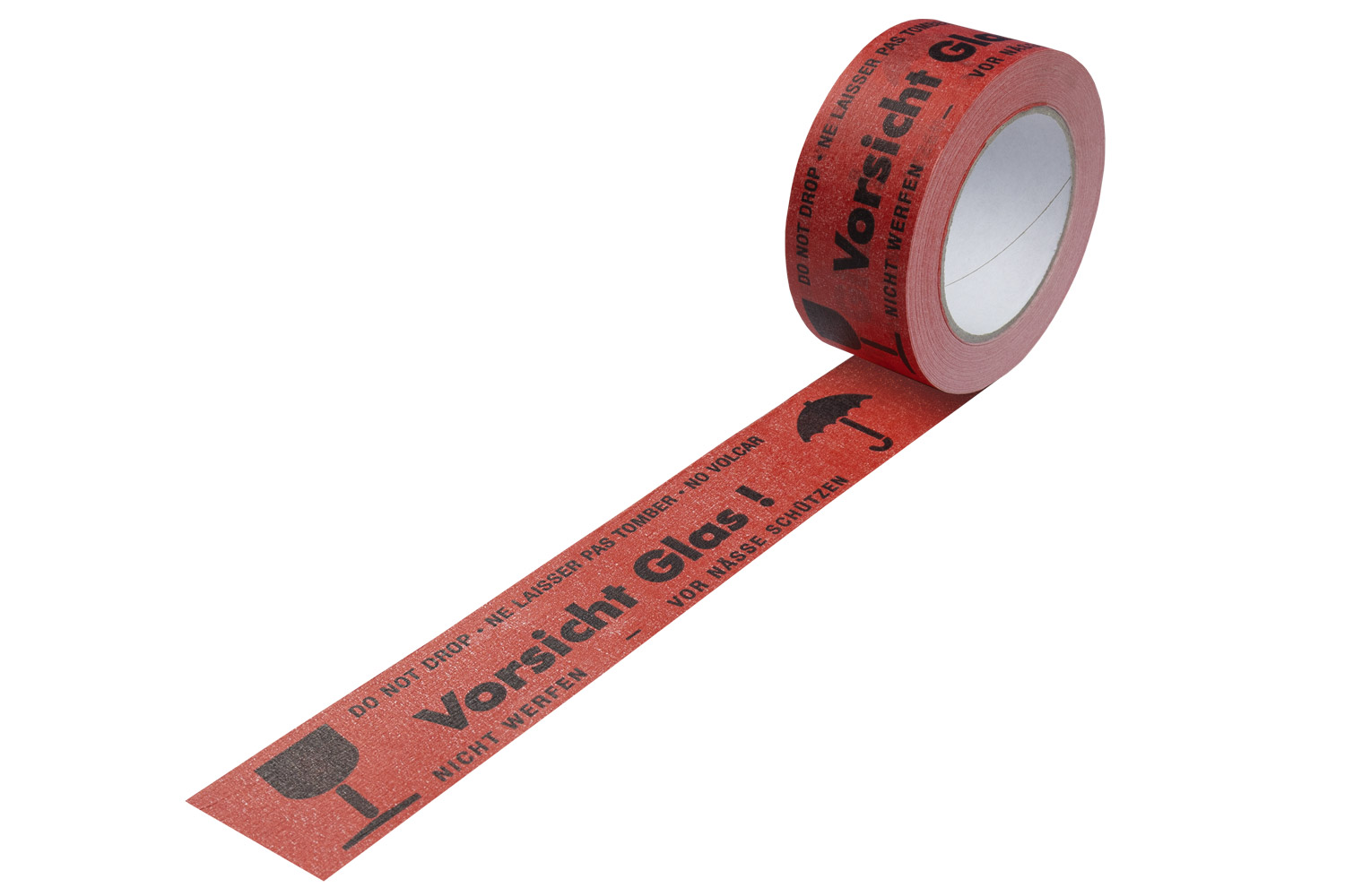 Papier-Warn-Packband, rot, 50mm breitx50lfm, 135µ,mit, schwarz. Druck "Vorsicht Glas / Inhalt à VE = 36