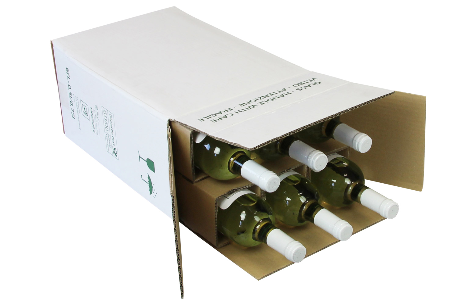PTZ-Flaschenkarton 2-wellig, 275x180x395mm, Qualität 2.3BC, weiß, postgeprüft, + 2 Hülsen / Inhalt à VE = 15