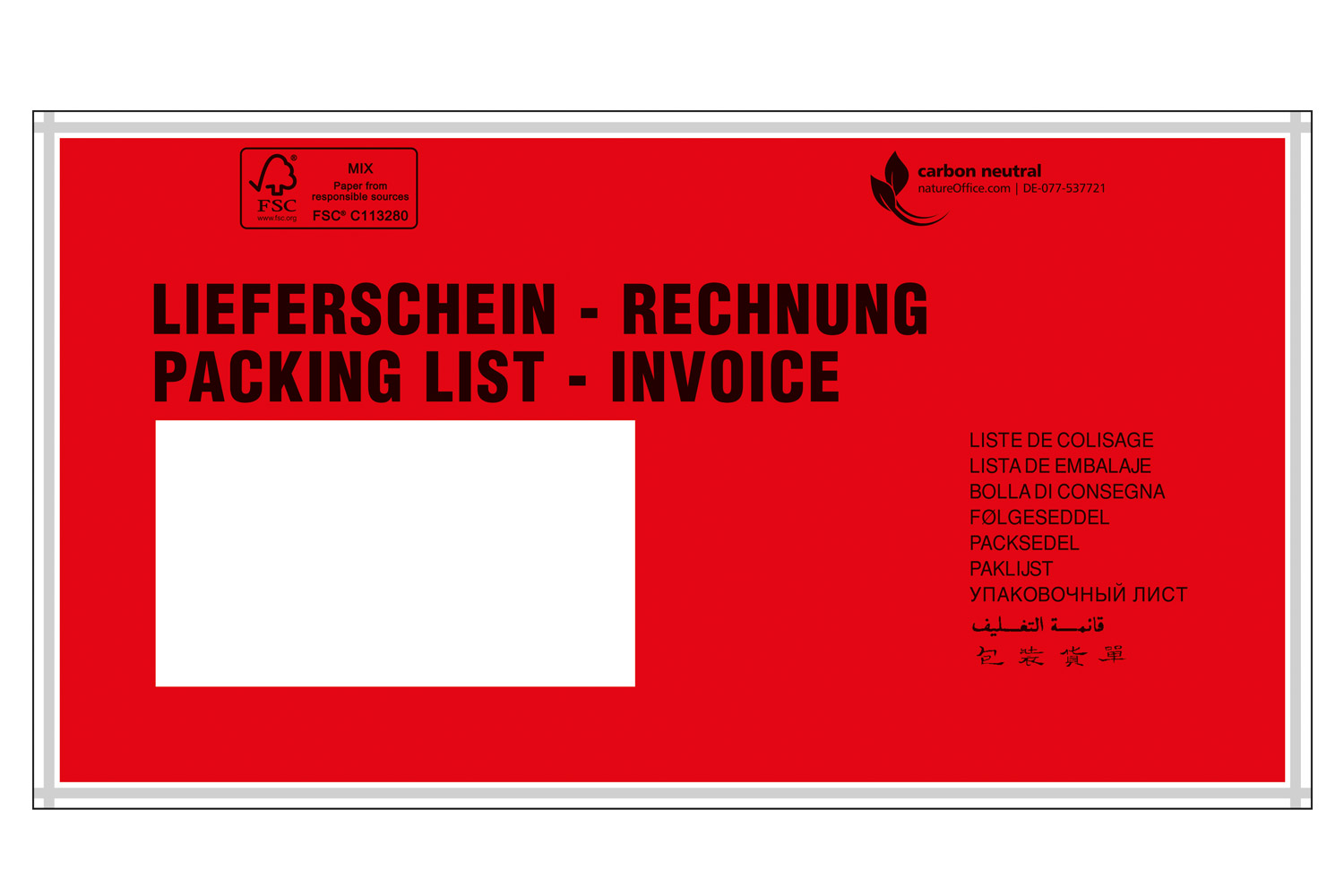 Dokumententaschen, 240x110mm, DIN-lang, mit Druck "Liefersch./Rechg." / Inhalt à VE = 1000