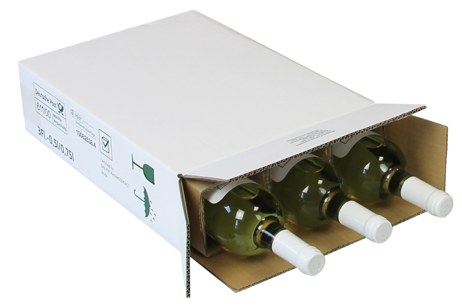 PTZ-Flaschenkarton 2-wellig, 278x95x395mm, Qualität 2.3BC, weiß, postgeprüft, + 1 Hülse / Inhalt à VE = 15
