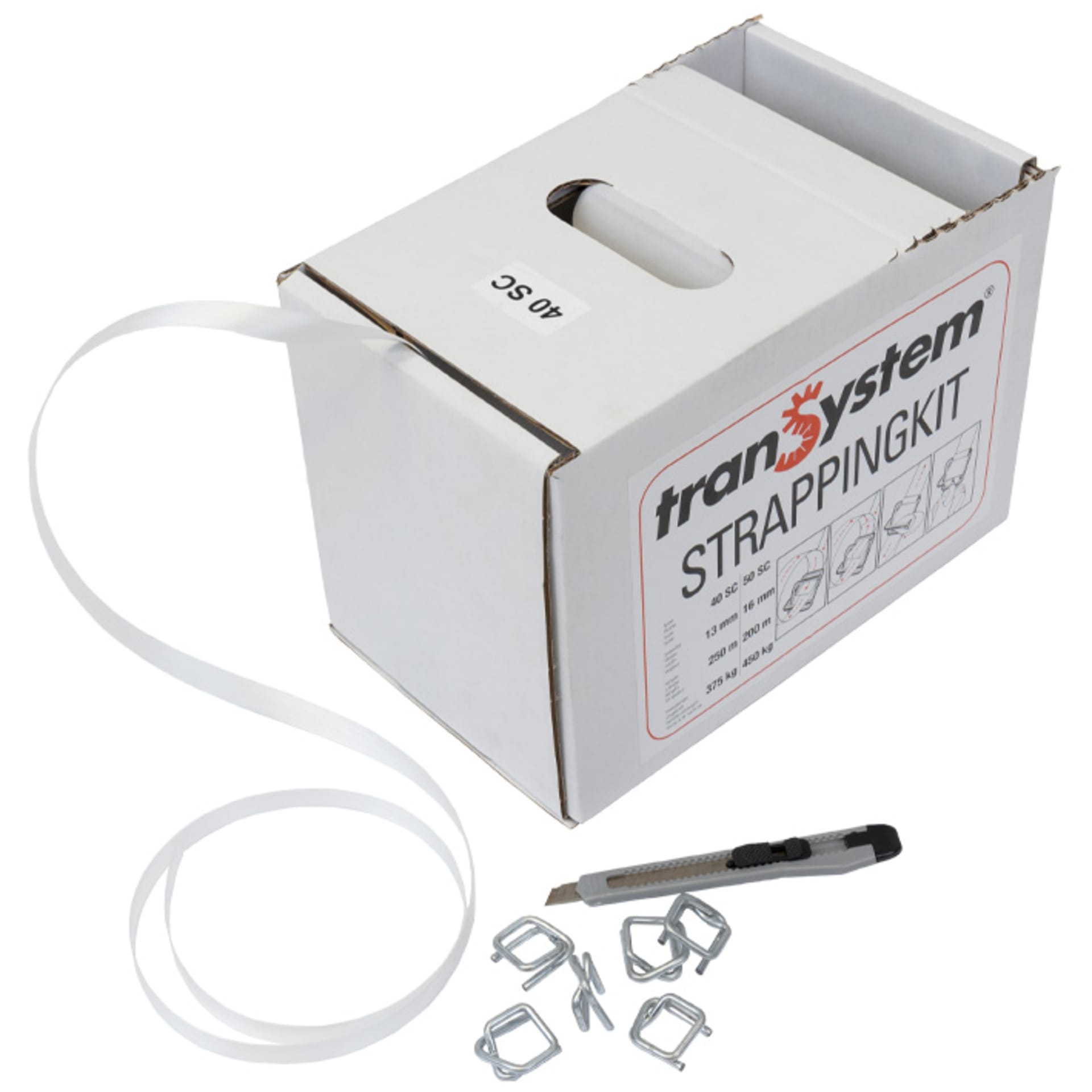 Polyesterband "Dispenser Box", 13mmx0,5mmx250lfm, weiß, inklusive 100, Metallklammern und Messer