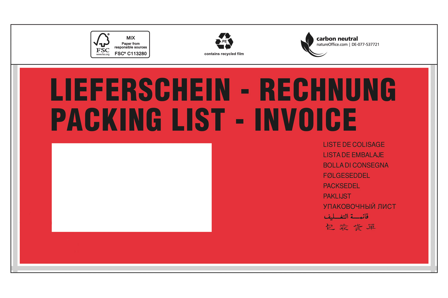 Dokumententaschen Premium, 240x110mm, DIN-lang, mit Druck "Liefersch./Rechg." / Inhalt à VE = 1000